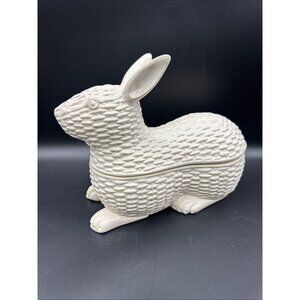 Vintage White Bunny Rabbit Easter Ceramic Basket Weave Lid Candy Dish Decor READ